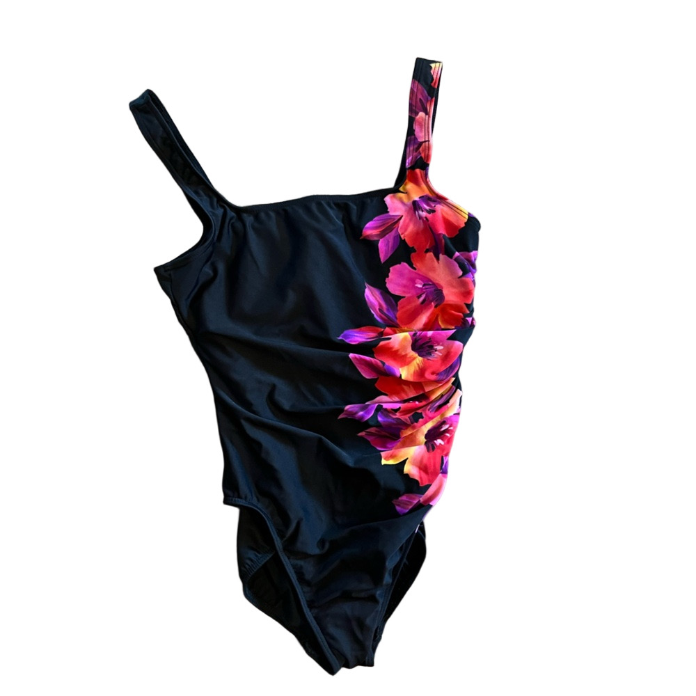Miraclesuit One Piece Black With Floral Print On Left Side Size 12